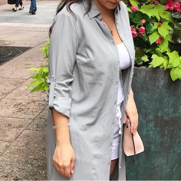Grace Elements Grey Roll-Tab-Sleeve Button-Down Shirt Dress - Picture 3 of 7